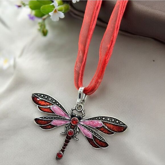 Red Dragonfly Rhinestone Enamel Pendant Ribbon Cord Necklace Fairy Kawaii Whimsy - Picture 5 of 8